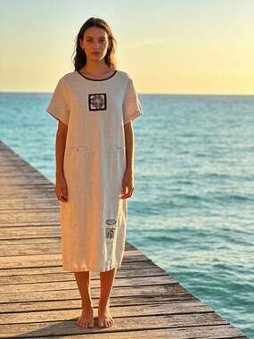 Blue Cactus Vintage 100% Linen Hand Painted Lagenlook Maxi Dress Vintage